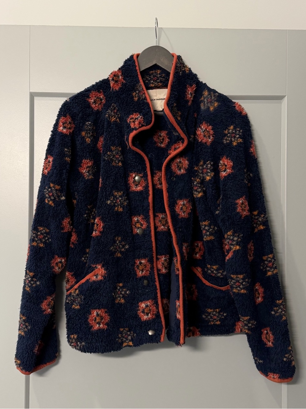 Lucky Brand Floral Sherpa Fleece Jacket Navy Rust Size Small